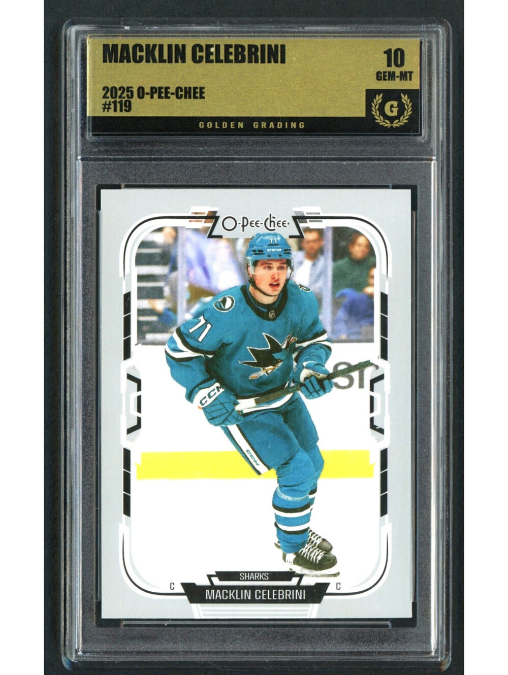 2025-26 O Pee Chee #119 Macklin Celebrini Sharks Graded Gem Mint 10